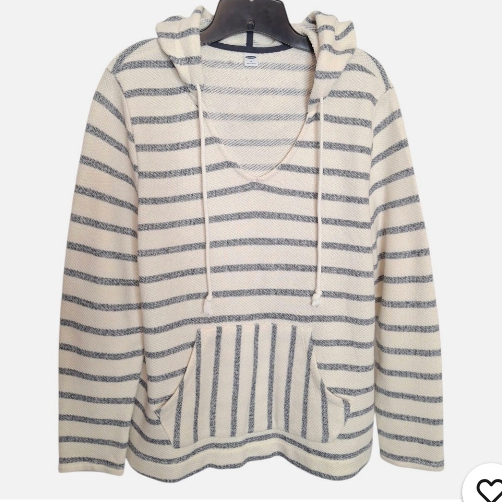 Vintage Old Navy Striped Hooded Pullover Sweater - Cream & Gray